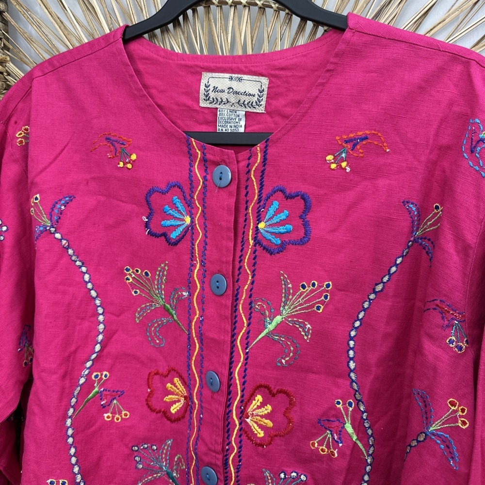New Directions L Pink Colorful Embroidered Jacket‎ Linen Blend Cruise Vacation